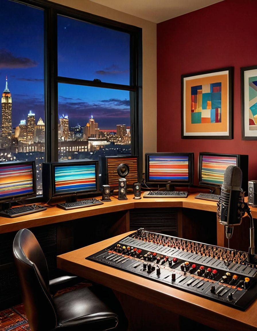A cozy radio studio filled with vintage microphones, colorful soundboards, and whimsical decorations, showcasing a broadcaster with a warm smile engaging with the audience through the airwaves. Outside the window, a vibrant cityscape reflects the modern entertainment landscape, blending retro and contemporary elements. Soft, glowing lights create an inviting atmosphere, highlighting the charm of broadcasting. super-realistic. vibrant colors. warm lighting.