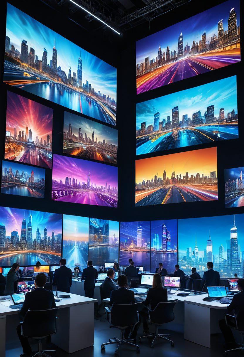 A captivating digital landscape showcasing a diverse group of people engaged in broadcasting activities, illuminated by stunning visuals on their screens, with eye-catching graphics and vibrant colors swirling around them. Include elements of modern technology like cameras, microphones, and drones, set against a backdrop of a futuristic city skyline. The ambiance should be energetic and inspiring, reflecting the allure of beautiful broadcasting in the digital age. super-realistic. vibrant colors. 3D.