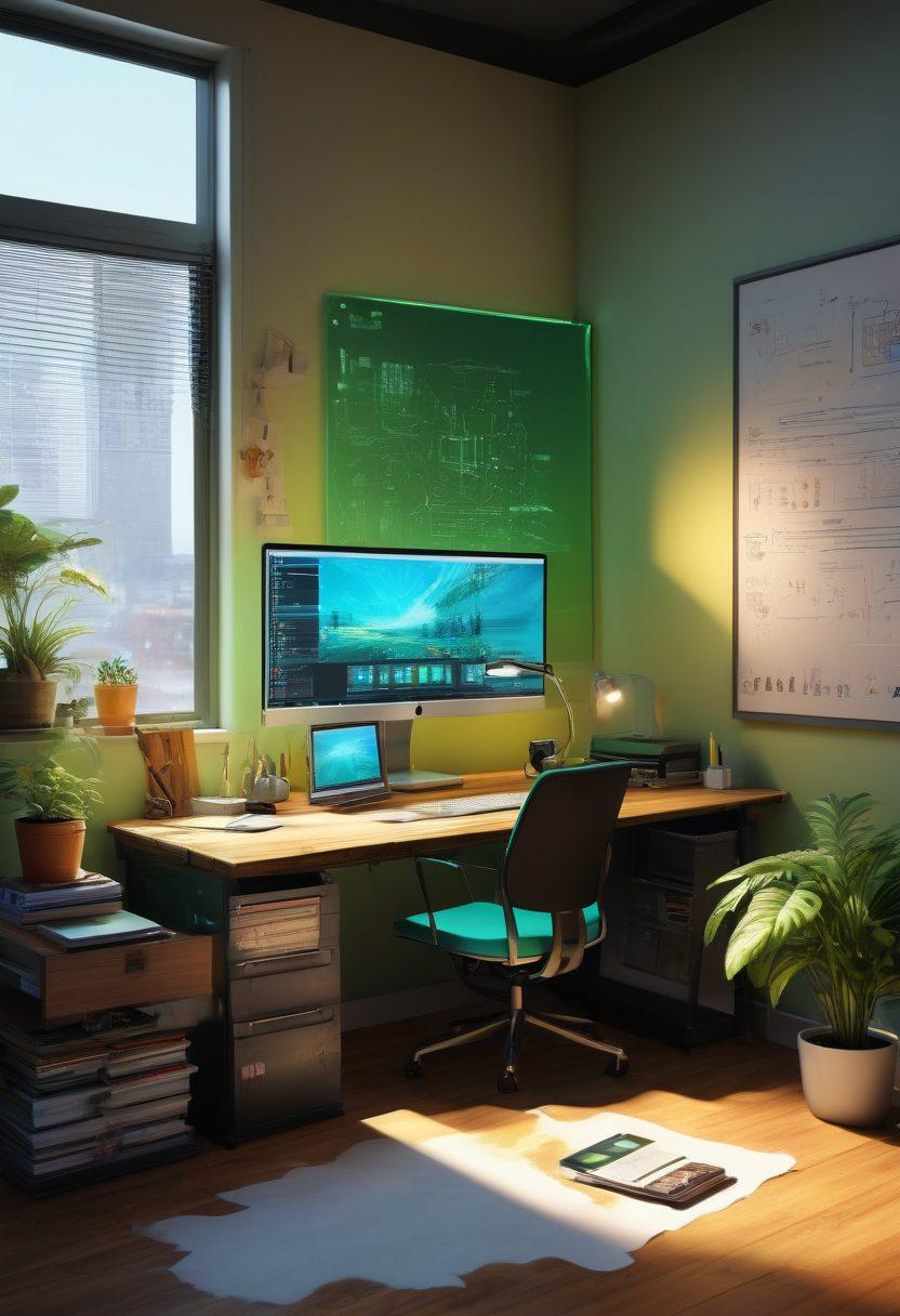A dynamic digital art scene showcasing a creative workspace with a large monitor displaying vibrant graphics and media projects. Incorporate elements of brainstorming like sketches, notes, and a coffee cup, surrounded by glowing screens of editing software. The atmosphere should feel inspiring and innovative, with a hint of technology. Use bright colors to represent energy and creativity. 3D. vibrant colors.